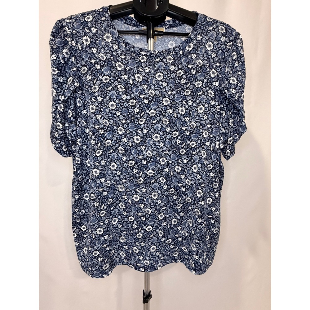 Michael Kors Floral Puff Sleeve Top Navy Blue Daisy Women 2X